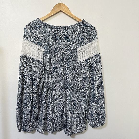Cupio Womens Paisley Lace Trim Peasant Top Size 1X Blue Stretch Boho Cottage - Picture 2 of 9
